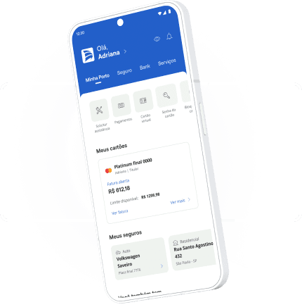 Tela de smartphone exibindo o aplicativo da Porto, com informações sobre cartões, seguros e serviços, em um fundo azul.