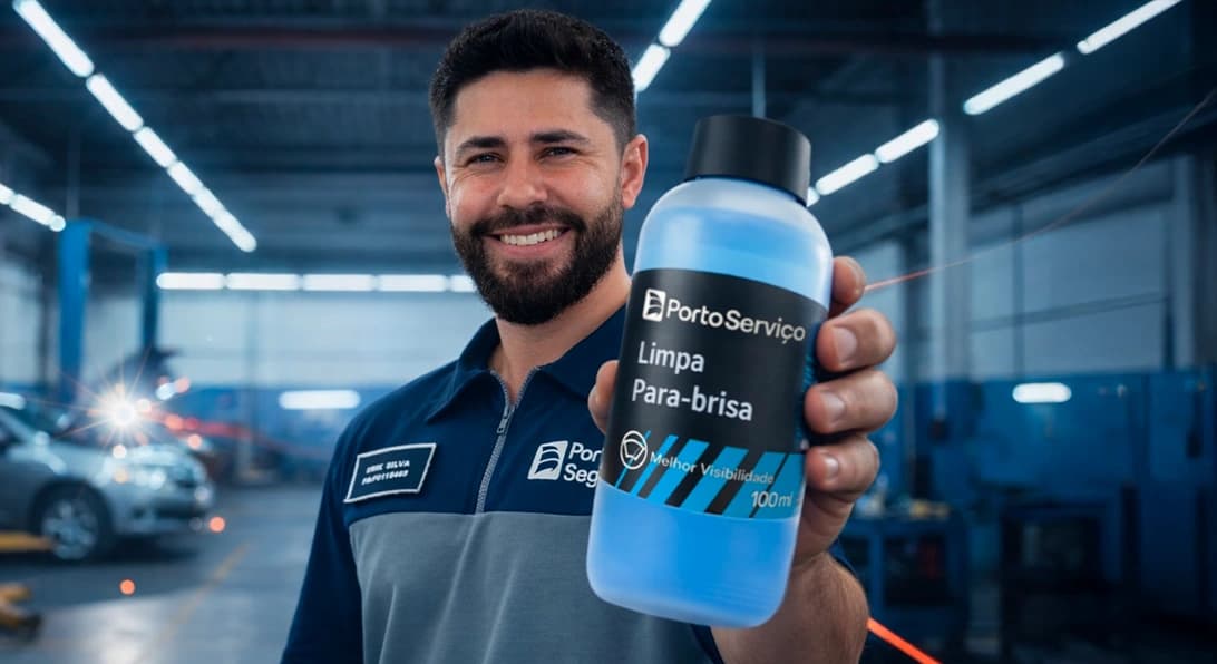 Especialista do Centro Automotivo Porto Serviço segura um frasco de Limpa Para-brisa, o brinde do mês do consumidor.