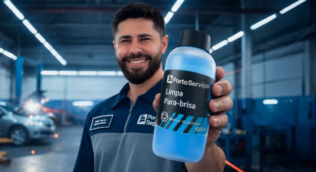Especialista do Centro Automotivo Porto Serviço segura um frasco de Limpa Para-brisa, o brinde do mês do consumidor.