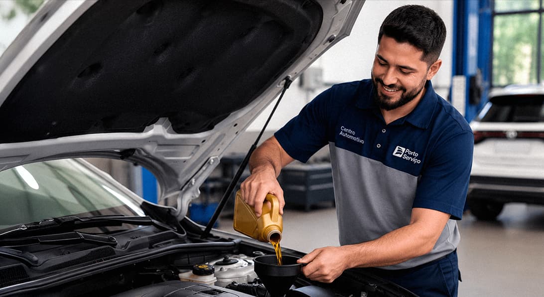 A imagem mostra um homem em pé, com cabelo e barna curtos, usando uma camiseta com as logotipos do Centro Automotivo e Porto Serviço realizando a troca de óleo de um veículo com capô aberto.