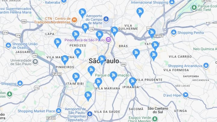 Recorte do mapa da cidade de São Paulo, com diversos marcadores que indicam a localização de oficinas referenciadas.
