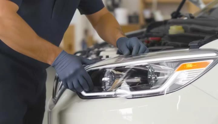 Pessoa realizando a manutenção do farol dianteiro de um veículo.