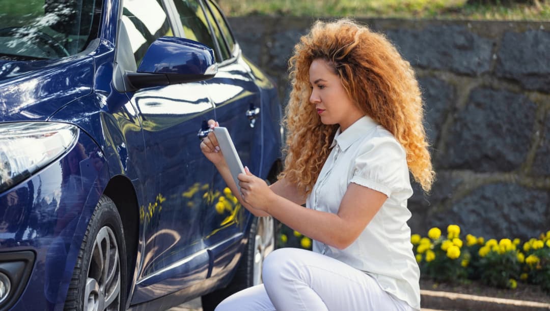Mulher agachada ao lado de um carro e com um tablet nas mãos.